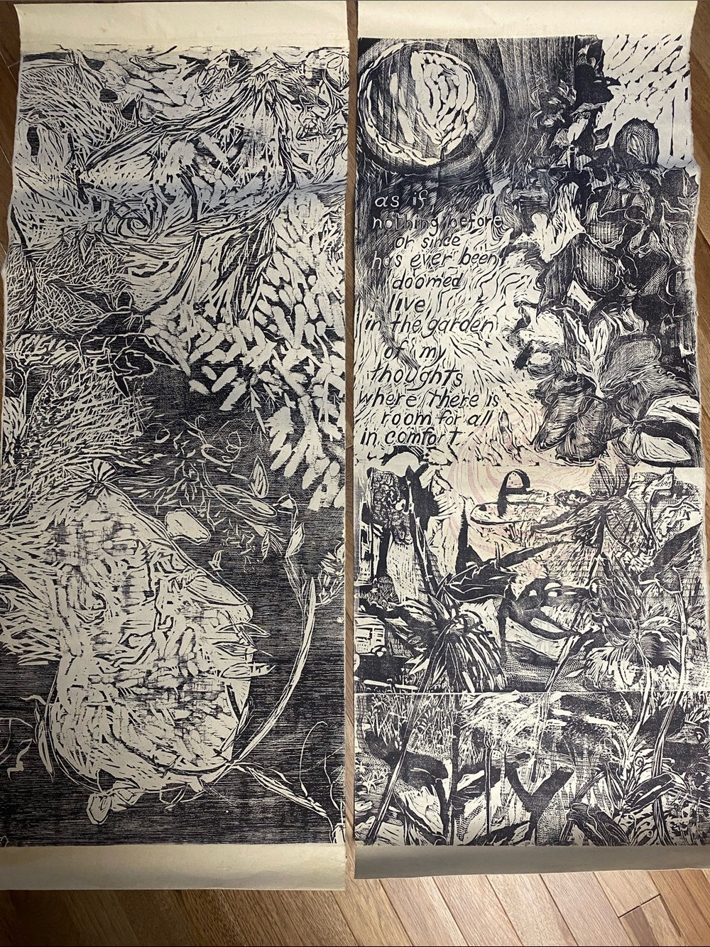 Artist Unknown 
Wlarge, hand-carved relief print on long poetry scroll